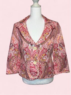 Pink Paisley Button-Front Cropped Jacket